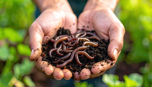 Hands holding earthworms and soil in a garden setting.