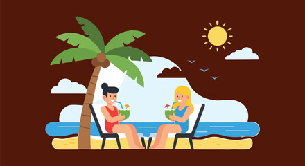 Tropical Vacation Thumbnail with People Drinking Coconut Water Flat Vector