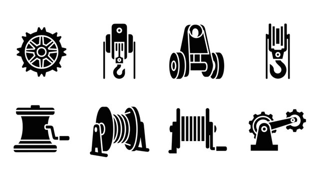 Set of 8 black silhouette winch and pulley icons for engineering and mechanical design