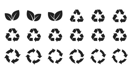 Eco-Friendly Icons: A visual collection of recycling symbols and leaf icons, representing environmental sustainability, recycling, and the concept of eco-friendliness, all presented in a sleek.
