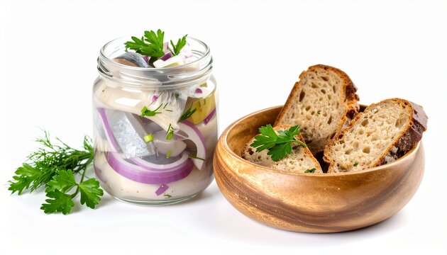 jar of pickled herring served with rustic bread slices