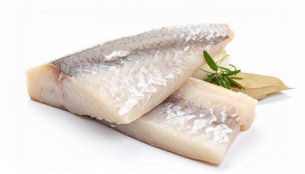 two fresh raw white fish fillets on white background
