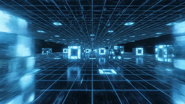 Abstract technological network tunnel with grid lines and light nodes