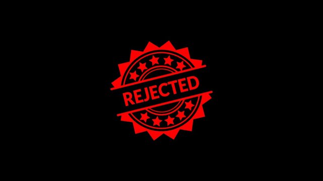  REJECTED stamp imprint animation on transparent background, business denial approval process, stamping motion leaving bold rejected mark with alpha channel in 4k.