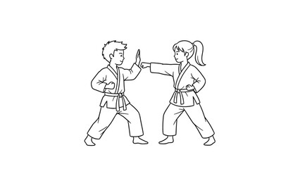 Children practicing martial arts: karate training in minimalist line art style
