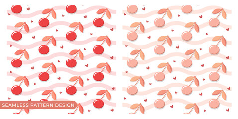 Sweet cherry patterns in red and pink with a wavy background and heart details
