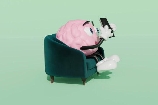 3D brain reading a book on armchair