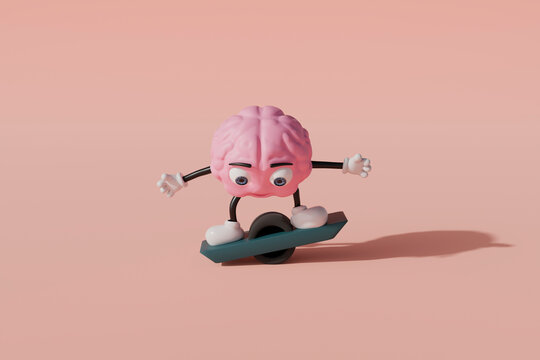 3D brain riding balance board on pink background