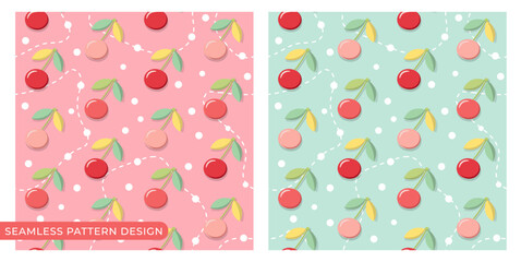 Charming cherry patterns in pastel shades with dotted and dashed line backgrounds