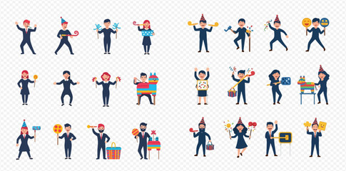 Set of diverse people celebrating with party hats and festive items, expressing joy and fun.