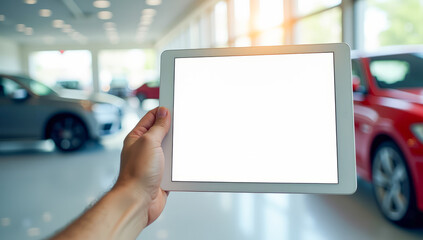 tablet in hand with a white blank screen against the background of new cars in a car dealership