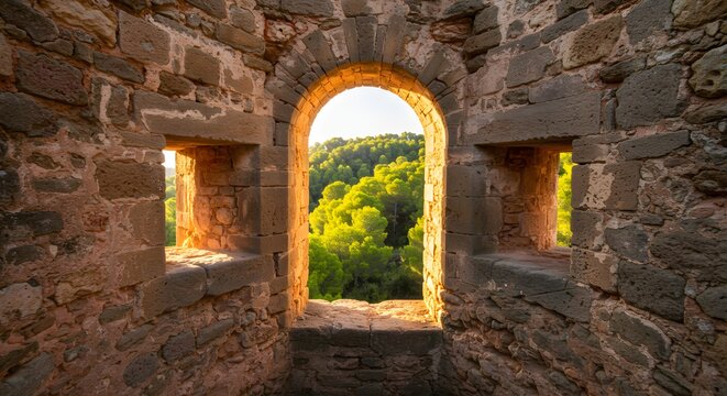Interior view through arched stone window frames framing a verdant forest. Golden light