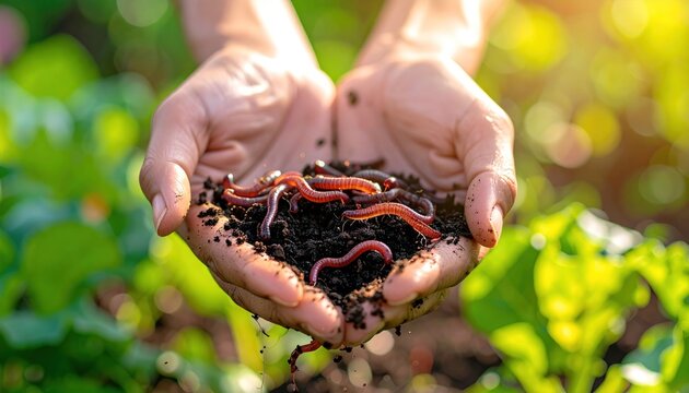 Hands holding worms and soil in a garden setting.