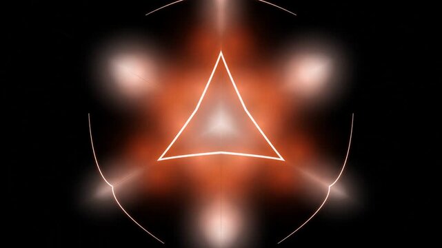 Glowing orange triangle symbol on black background with blurred light effects and vibrant visual elements displayed