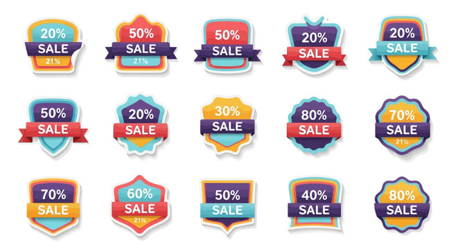 Collection of colorful sale stickers and badges.