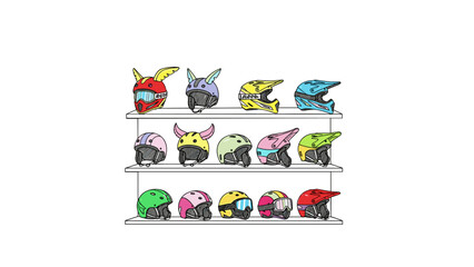 Obraz premium Colorful motorcycle helmets on display shelves with unique designs