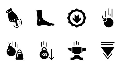 Silhouette icons of falling objects and safety symbols in black and white