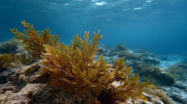 Underwater scene of golden brown seaweed swaying gently on a rocky seabed in clear blue ocean water