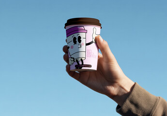 Hand Holding Takeaway Coffee Cup Mockup Against Blue Sky