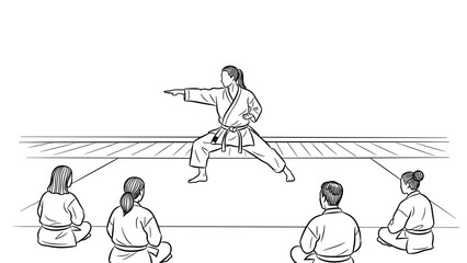 Obraz premium Karate instructor demonstrating kata in dojo to students in traditional uniforms