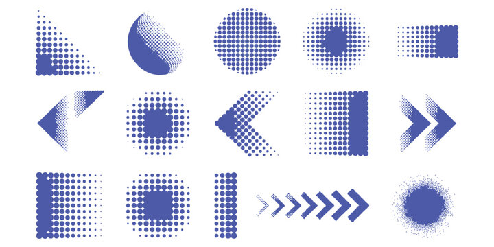 Set of abstract blue halftone geometric shapes and patterns with dot gradients for modern graphic design elements vector illustration