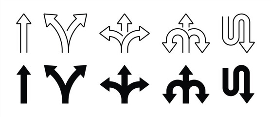 directional arrow and road navigation icon set. minimal thin line and solid symbol for turn, split, U-turn, intersection, routing, wayfinding. vector illustration © Vriezel