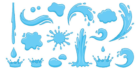 Collection of cartoon water splashes, drops, and liquid elements set depicting various motions and forms vector illustration © GraphixEra