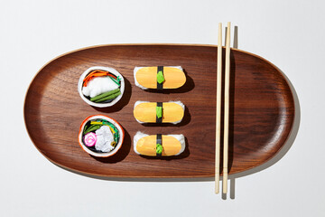 Set of paper sushi on a wooden plate over white background. Top view with copy space. Pure and fresh concept and composition.