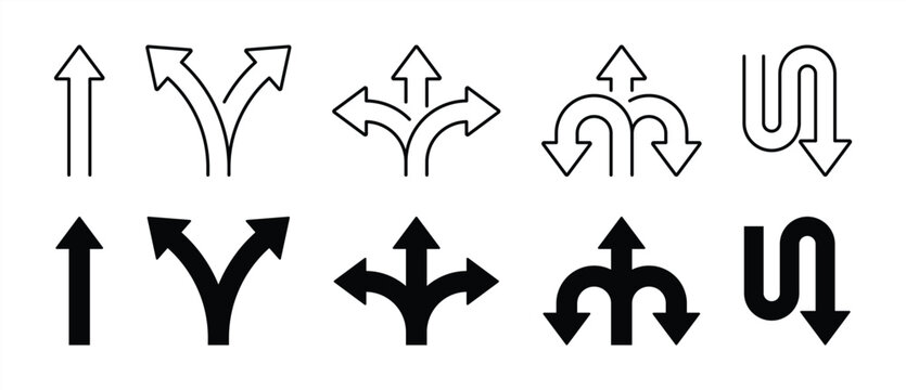 directional arrow and road navigation icon set. minimal thin line and solid symbol for turn, split, U-turn, intersection, routing, wayfinding. vector illustration