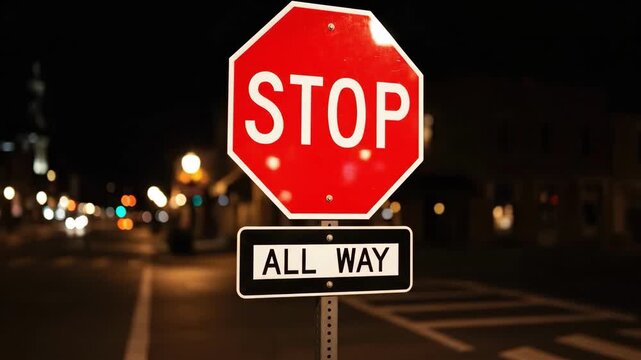 Stop All Way Urban Night Red Sign Security.
