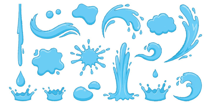 Collection of cartoon water splashes, drops, and liquid elements set depicting various motions and forms vector illustration