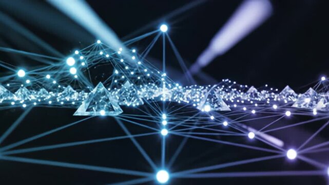 Abstract triangular prism network with connected node points illustration