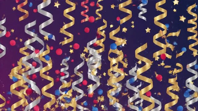 Vibrant Party Confetti and Streamers on Purple Background.