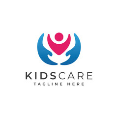 Kids Care Logo with Protective Hands and Child Figure, Childcare and Family Support Concept