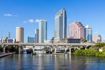 Tampa skyline with skyscrapers real estate bridge over Hillsborough River in downtown Tampa, United...