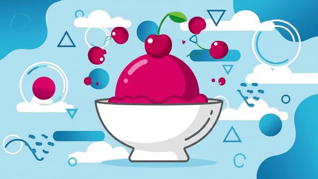 A cartoon bowl of cherry ice cream with floating cherries and abstract shapes.