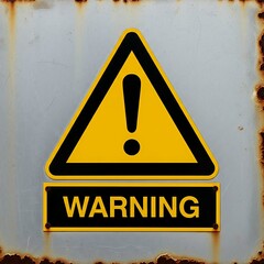 Rusty metal surface with yellow and black warning sign and exclamation mark. Generative AI. 