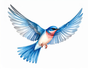 Obraz premium Graceful blue swallow bird flight illustration displaying joyful energy with wings spread wide isolated on white background depicting freedom concept in artistic watercolor style