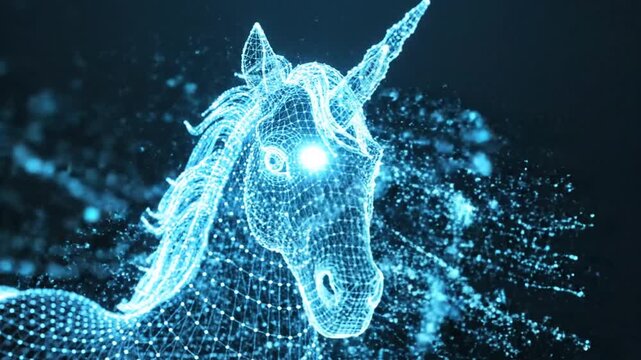 A futuristic unicorn's head is formed by a network of blue dots and lines, creating a mesmerizing digital art piece with a dark background.