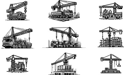 Bold outline construction crane silhouette, black and white, minimal detail, isolated