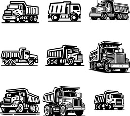 Set of nine bold outline dump truck silhouette, black and white, minimal detail, isolated on white