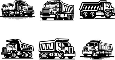 Bold outline dump truck silhouette, black and white, minimal detail, isolated on white