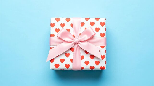 Wrapped gift box with pink ribbon and heart pattern on blue background