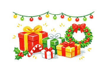 Fototapeta premium Festive christmas gifts and wreath with colorful lights in a textured crayon style