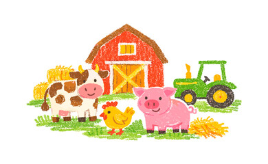 Naklejka premium Chalk-style farm scene with barn, tractor, and animals