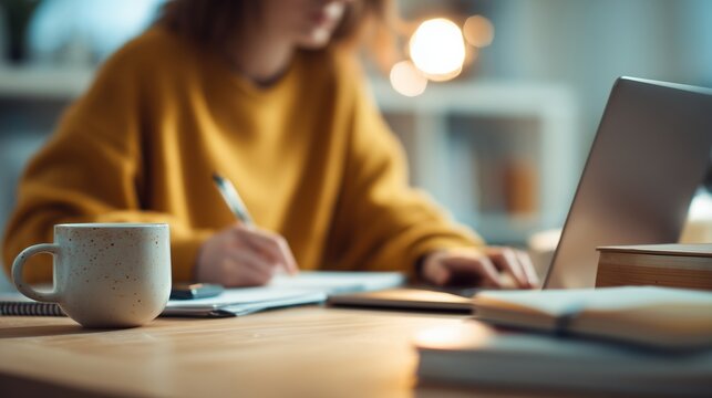 Student studies at a desk with a laptop, cup, and papers in a college setting during daytime