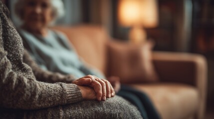 Obraz premium Caregiver sits with elderly person indoors during evening hours in a cozy living space