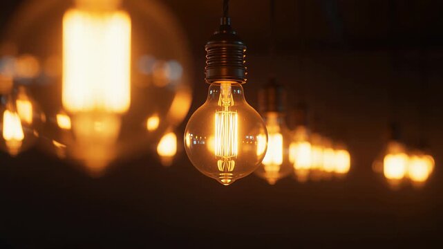 Bright lights hanging in a row in a dim space during evening hours