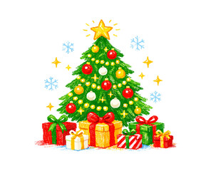 Obraz premium Festive christmas tree with colorful gifts and snowflakes in crayon style