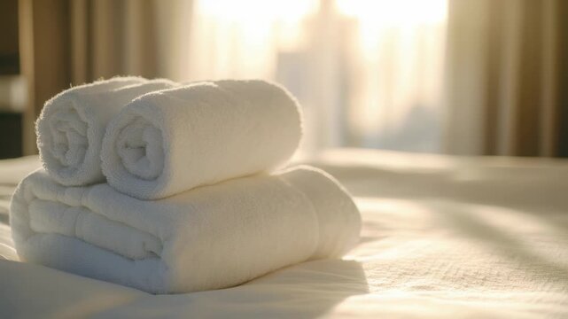 Video A pile of neatly folded towels resting on the edge of a bed, ready for use